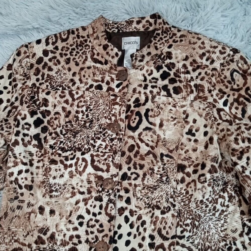 Vintage Chico's Womens Jacket‎ Biege 1 Cheetah Leopard Animal Print Pockets - Picture 3 of 12